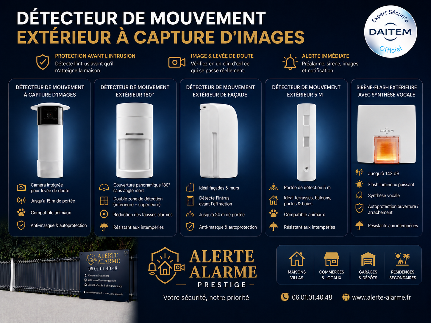 Gamme de détecteurs extérieurs Daitem et sirène-flash